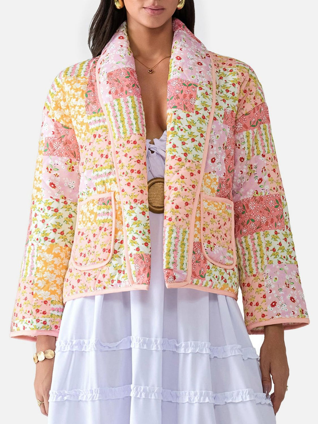 Printed Patchwork Open Front Cardigan with Pockets