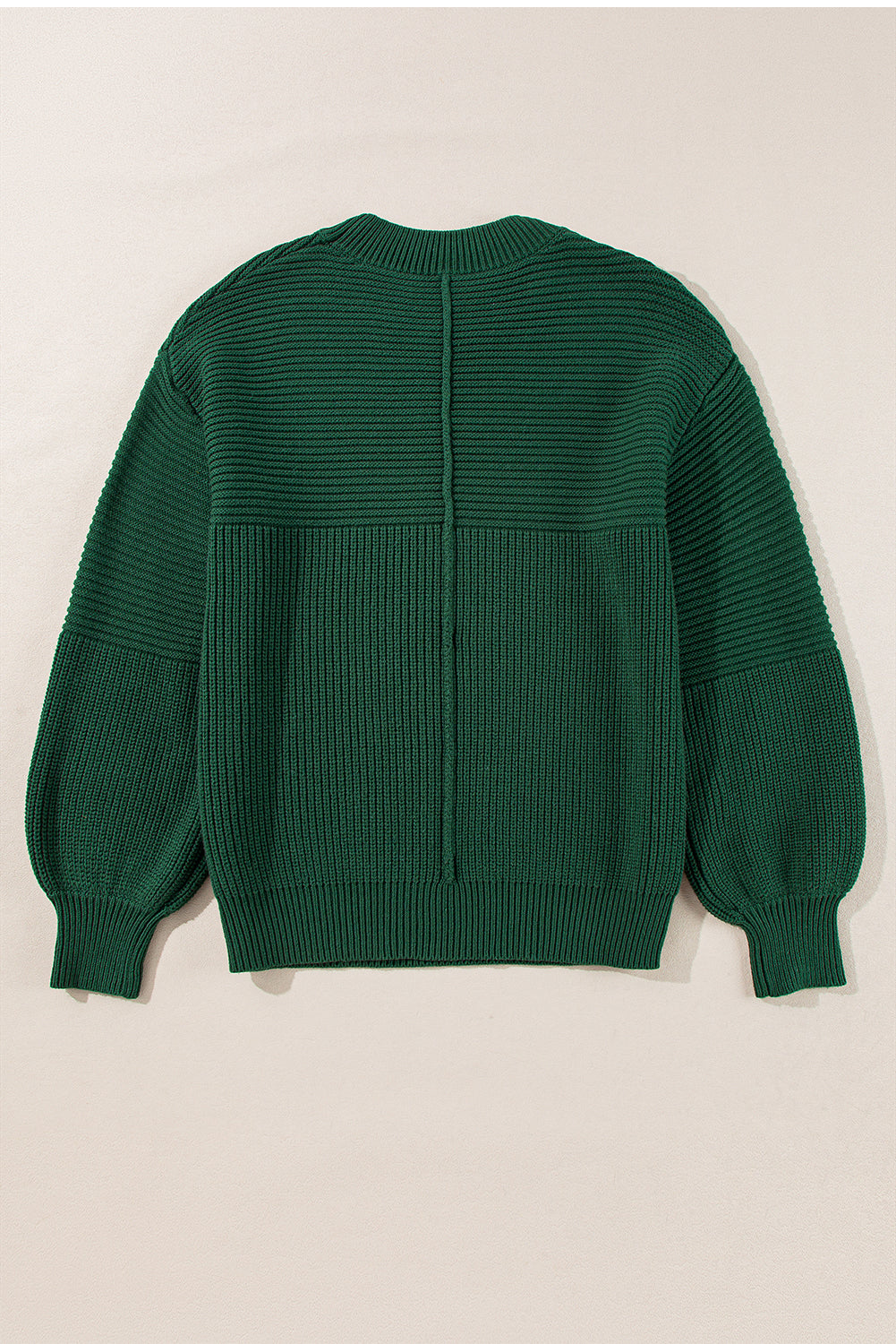 Blackish Green Textured Knit Crewneck Lantern Sleeve Sweater