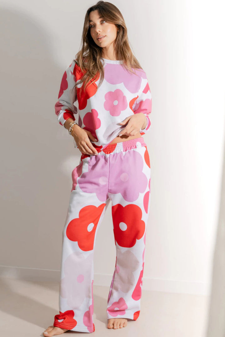 White Floral Print Pullover Top Sweatpants Lounge Set