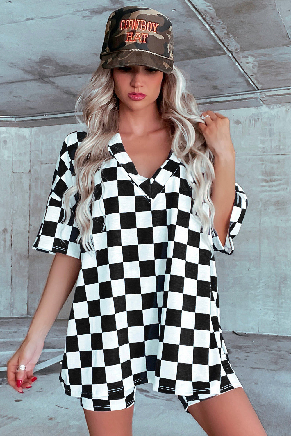 Black Checkerboard Print V Neck Loose Tee and Shorts Lounge Set