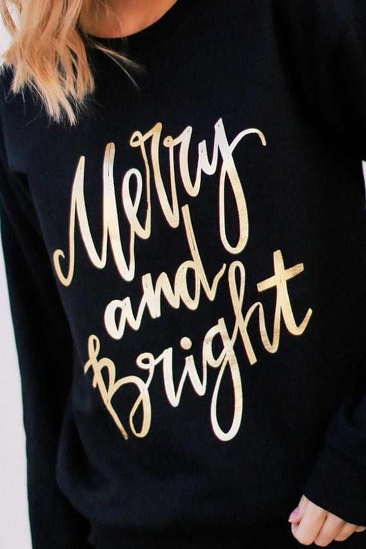 Black Merry & Bright Letter Print Pullover Sweatshirt