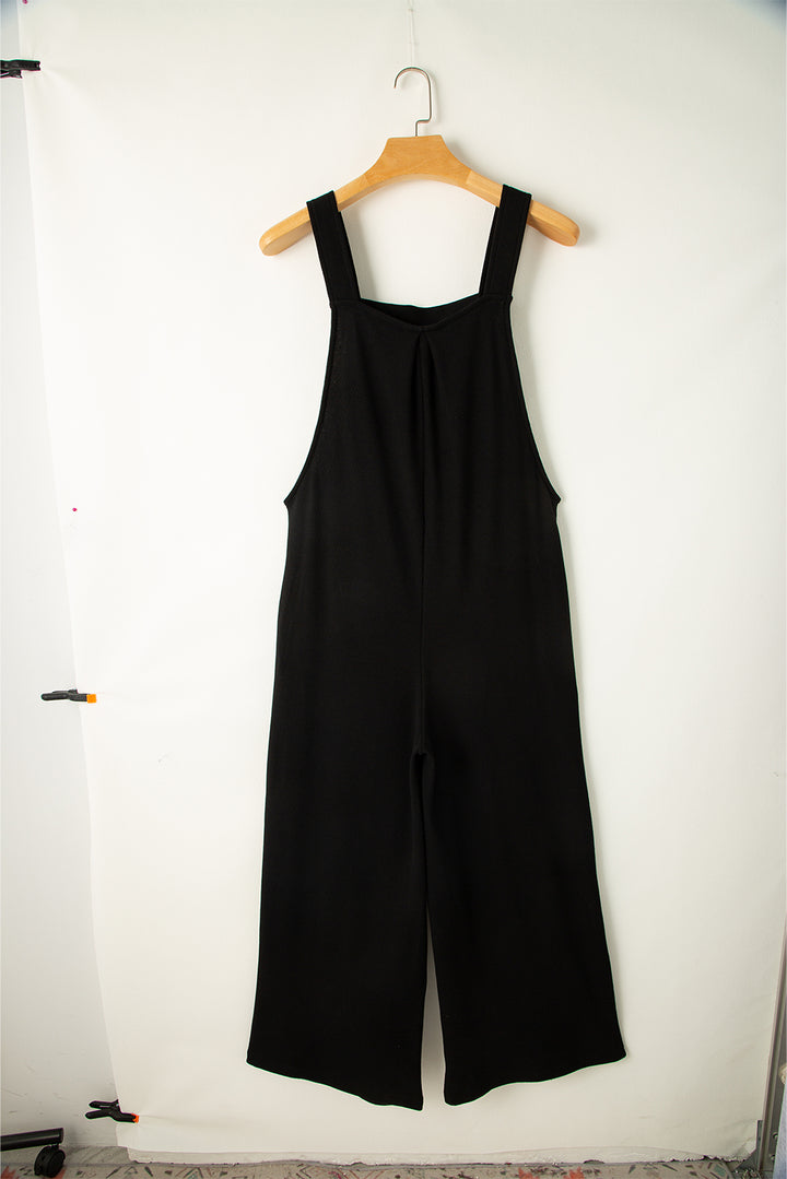 Black Textured Buttoned Straps Ruched Wide Leg Jumpsuit