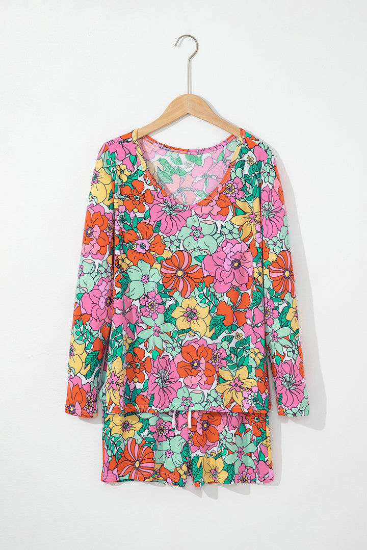 Multicolor Flower Print Pullover and Drawstring Shorts Lounge Set