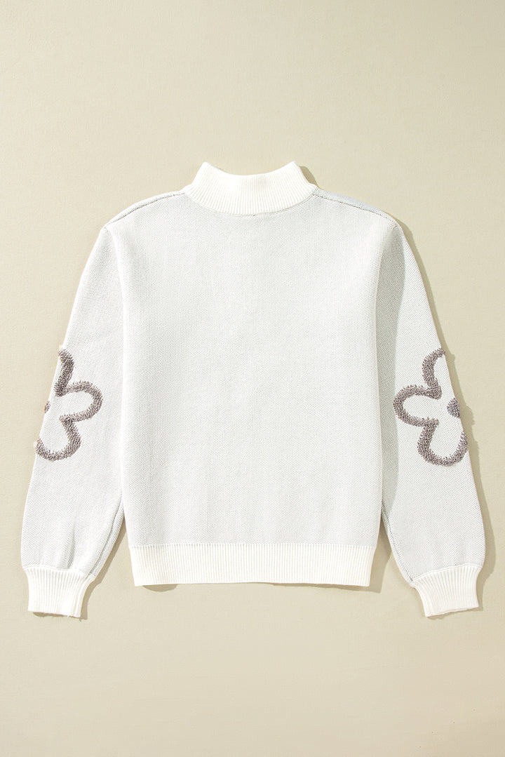 White Contrast Flower Half Zipper Stand Neck Sweater