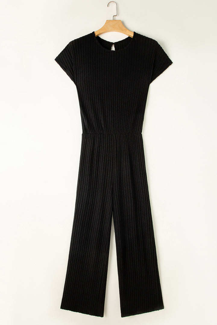 Black Solid Color Ribbed Short Sleeve Wide Leg Jumpsuit