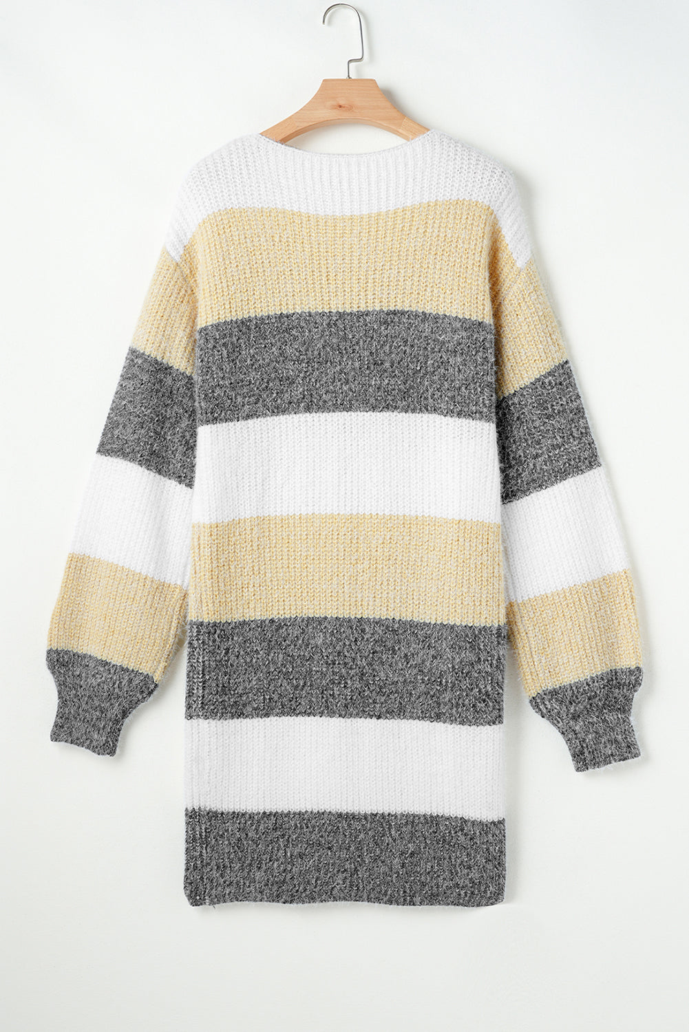 Gray Stripe Colorblock Bubble Sleeve Drop Shoulder Sweater Dress