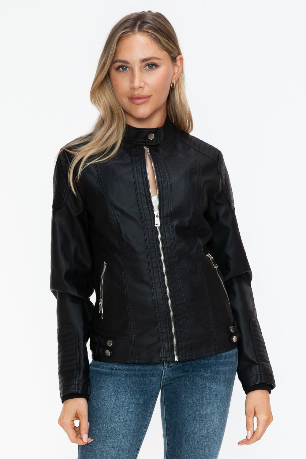 Snobbish Faux Leather Biker Jacket with Side Zip Pockets