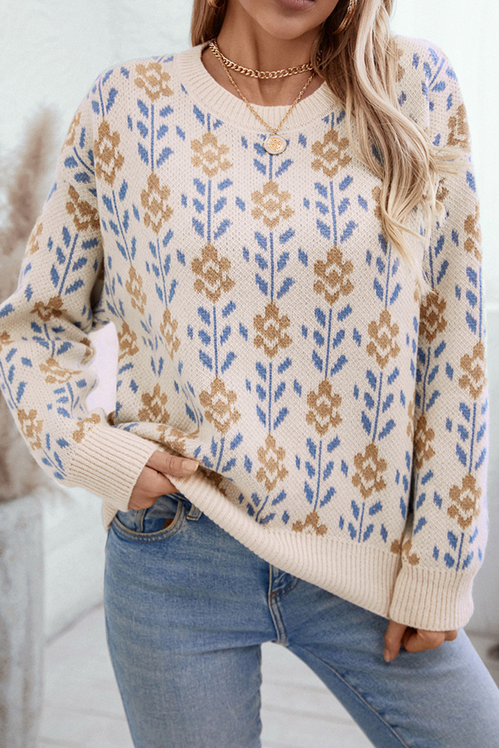 Apricot Floral Pattern Crew Neck Sweater