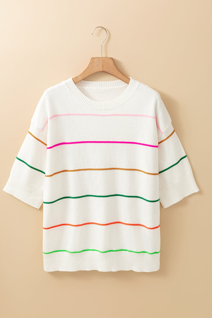 White Colorblock Striped Half Sleeve Drop Shoulder Sweater