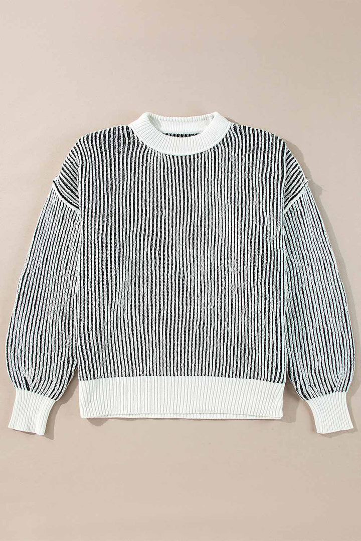 Black Striped Textured Knit Contrast Edge Loose Sweater