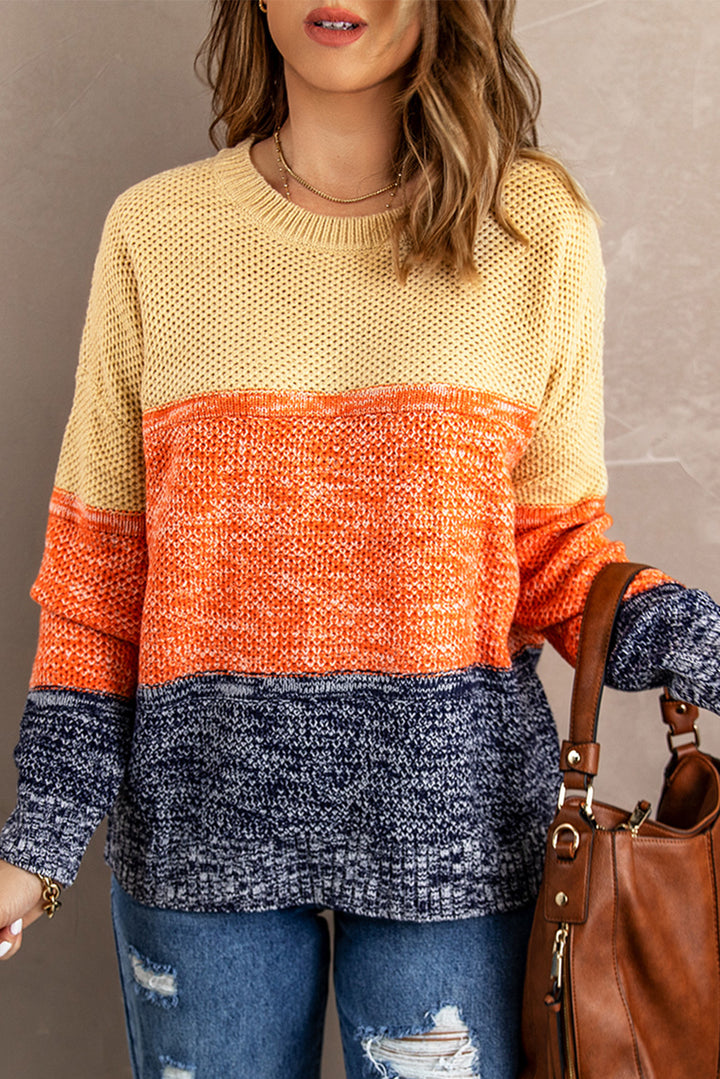 Blue Color Block Netted Texture Pullover Sweater