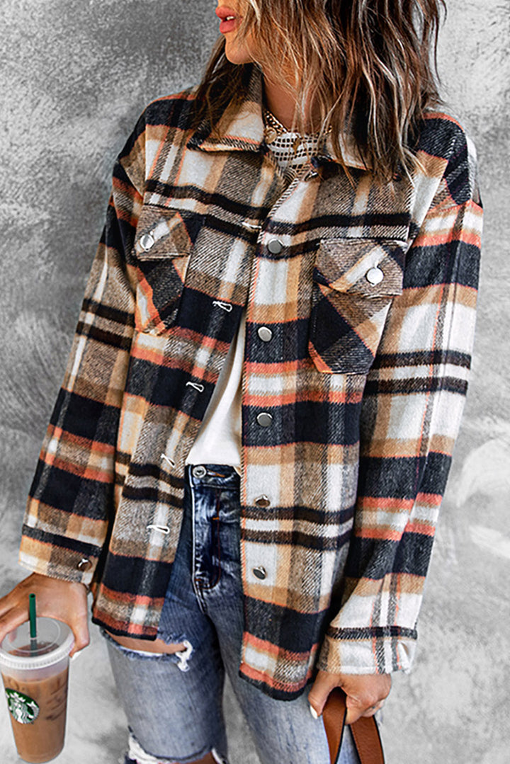 Plaid Button Front Shirt Jacket with Breast Pockets