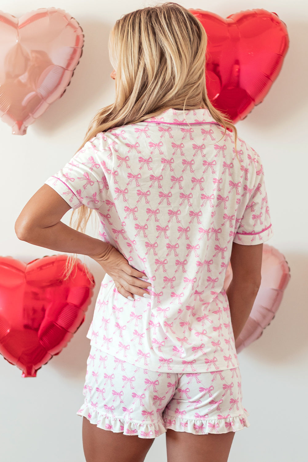 Pink Bowknot Printed Short Sleeve and Ruffled Shorts Valentines Pajama Set