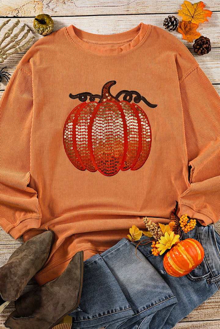 Orange Sequined Pumpkin Ribbed Round Neck Halloween Sweatshirt