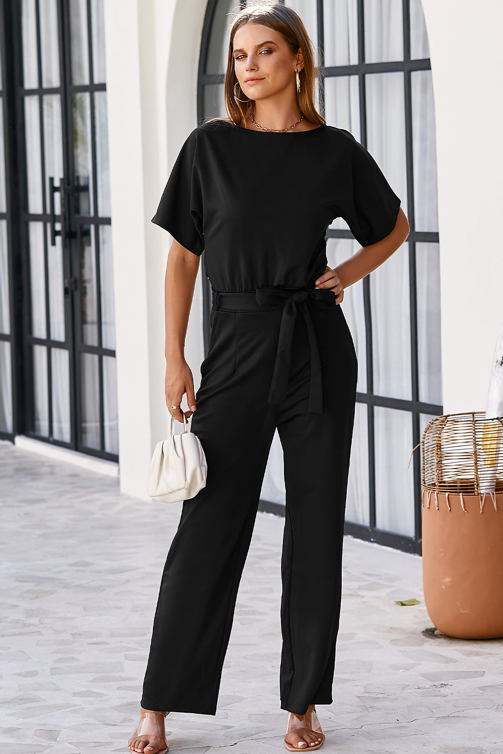 Black Belted Wide Leg Jumpsuit