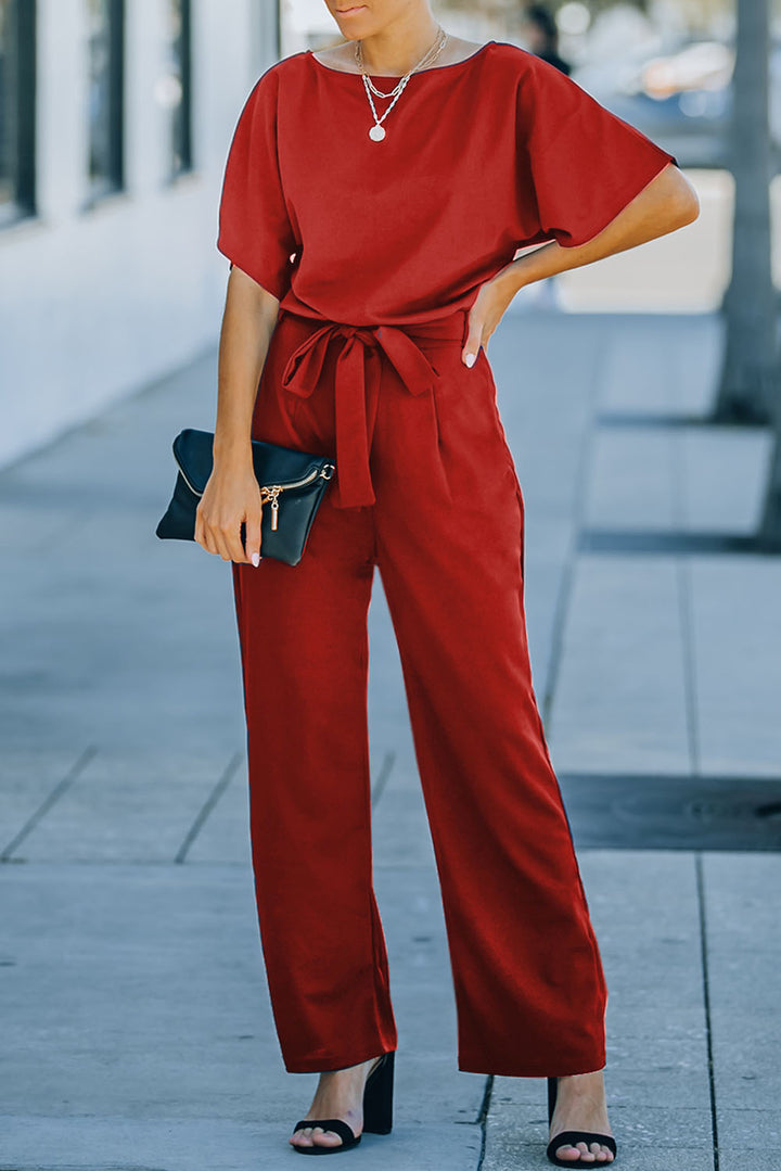 Fiery Red Belted Wide Leg Jumpsuit