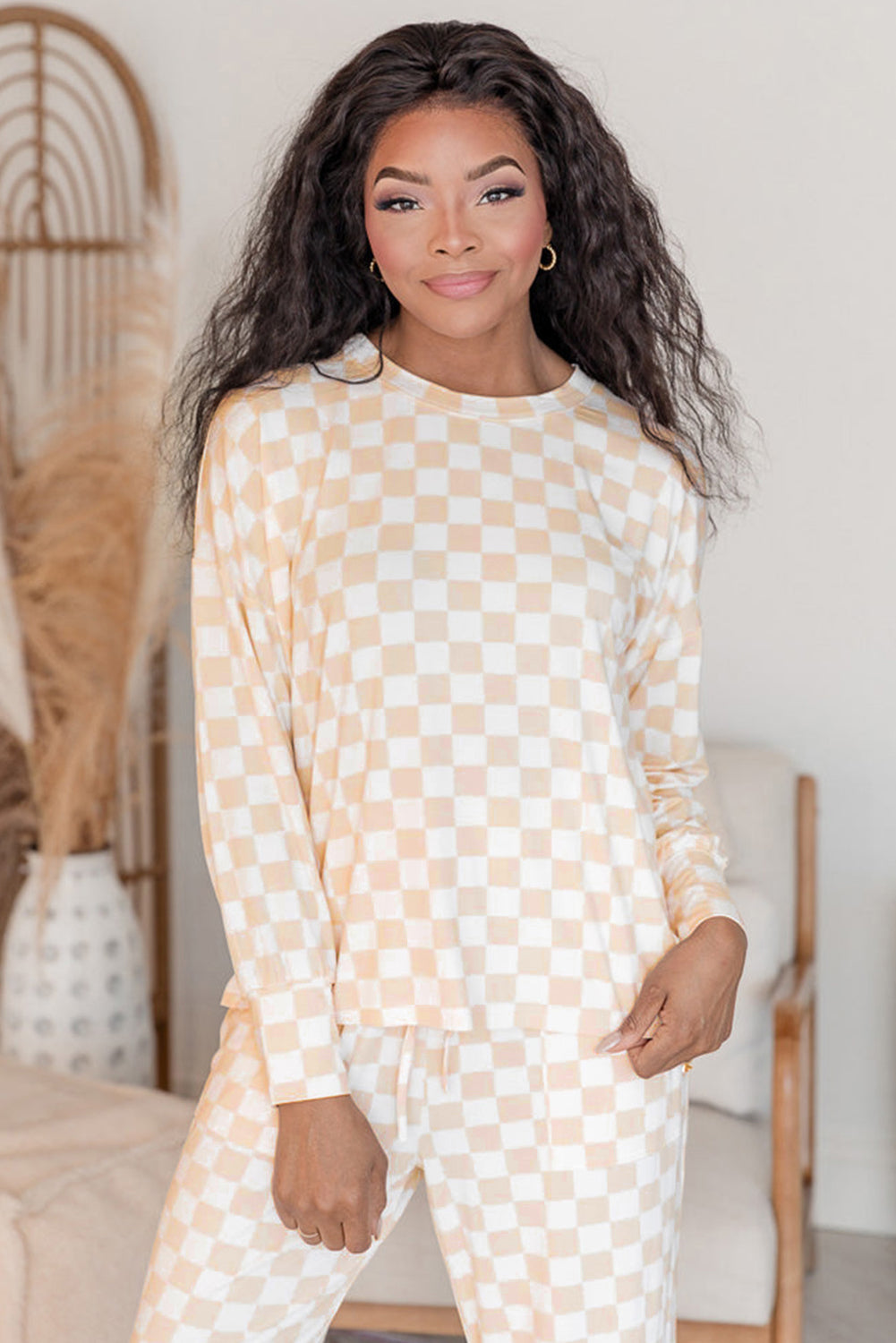 Beige Checkered Print Long Sleeve Top and Pants Lounge Set