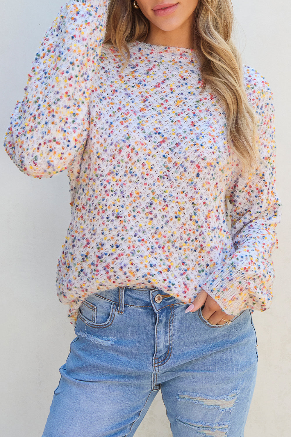 White Confetti Knit Popcorn Sweater Top