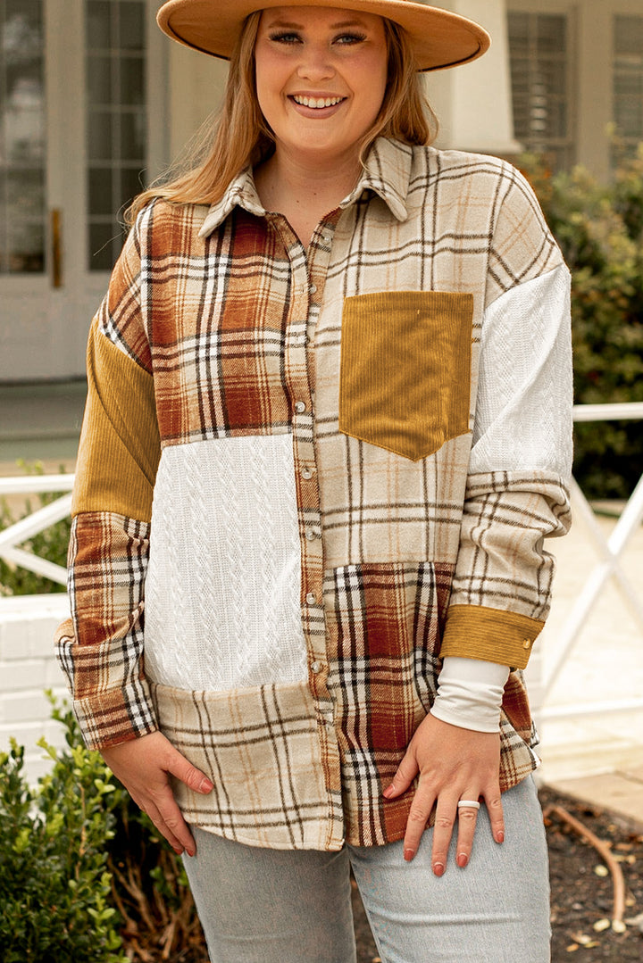 Golden Apricot Plus Size Plaid Patchwork Button up Shacket