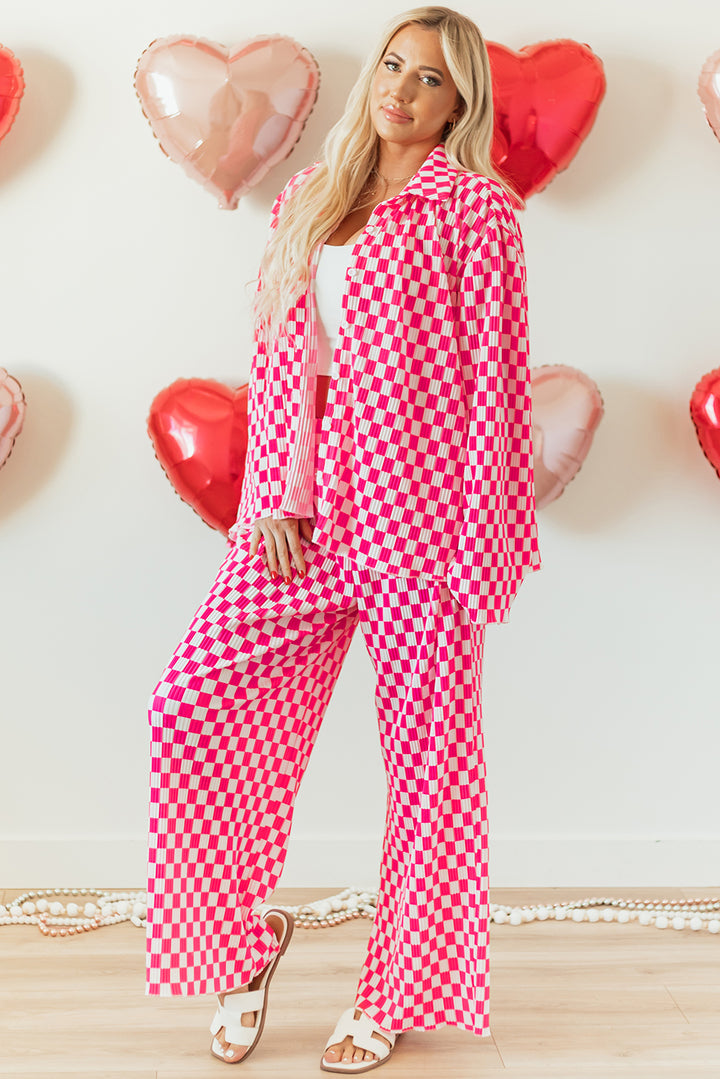 Pink Checkered Buttoned Shirt and High Waist Pants Pajama Set