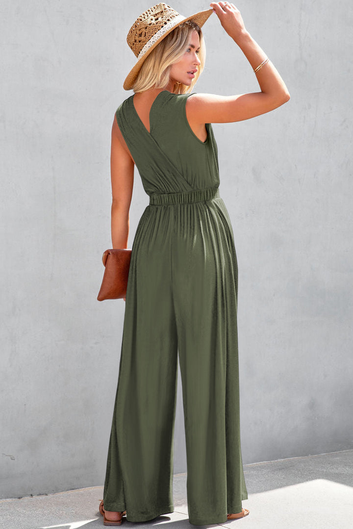 Jungle Green Deep V Pleated Crisscross Wide Leg Backless Jumpsuit