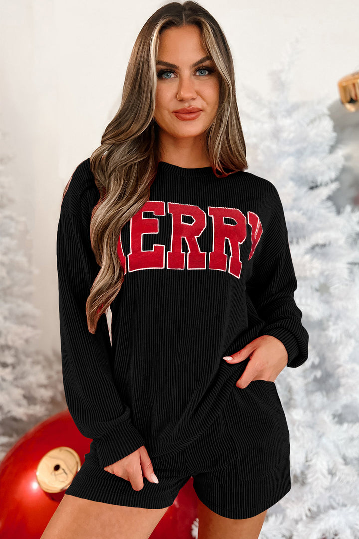 Black Corded MERRY Graphic Long Sleeve Top and Shorts Set