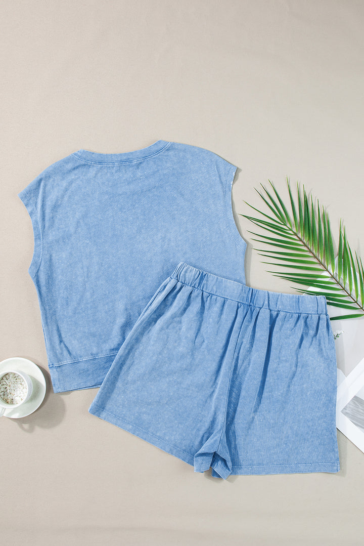 Dusk Blue Mineral Wash Tee and Drawstring Shorts Set