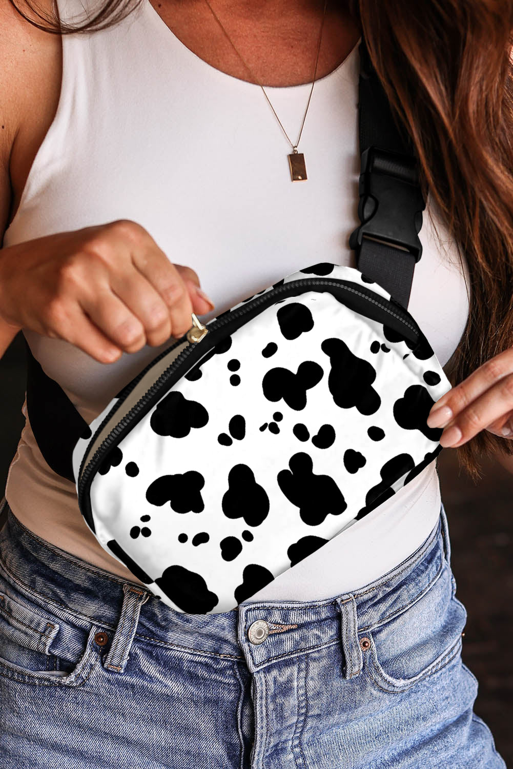 White Cow Pattern Print Buckle Wide Belt Inclined Shoulder Bag