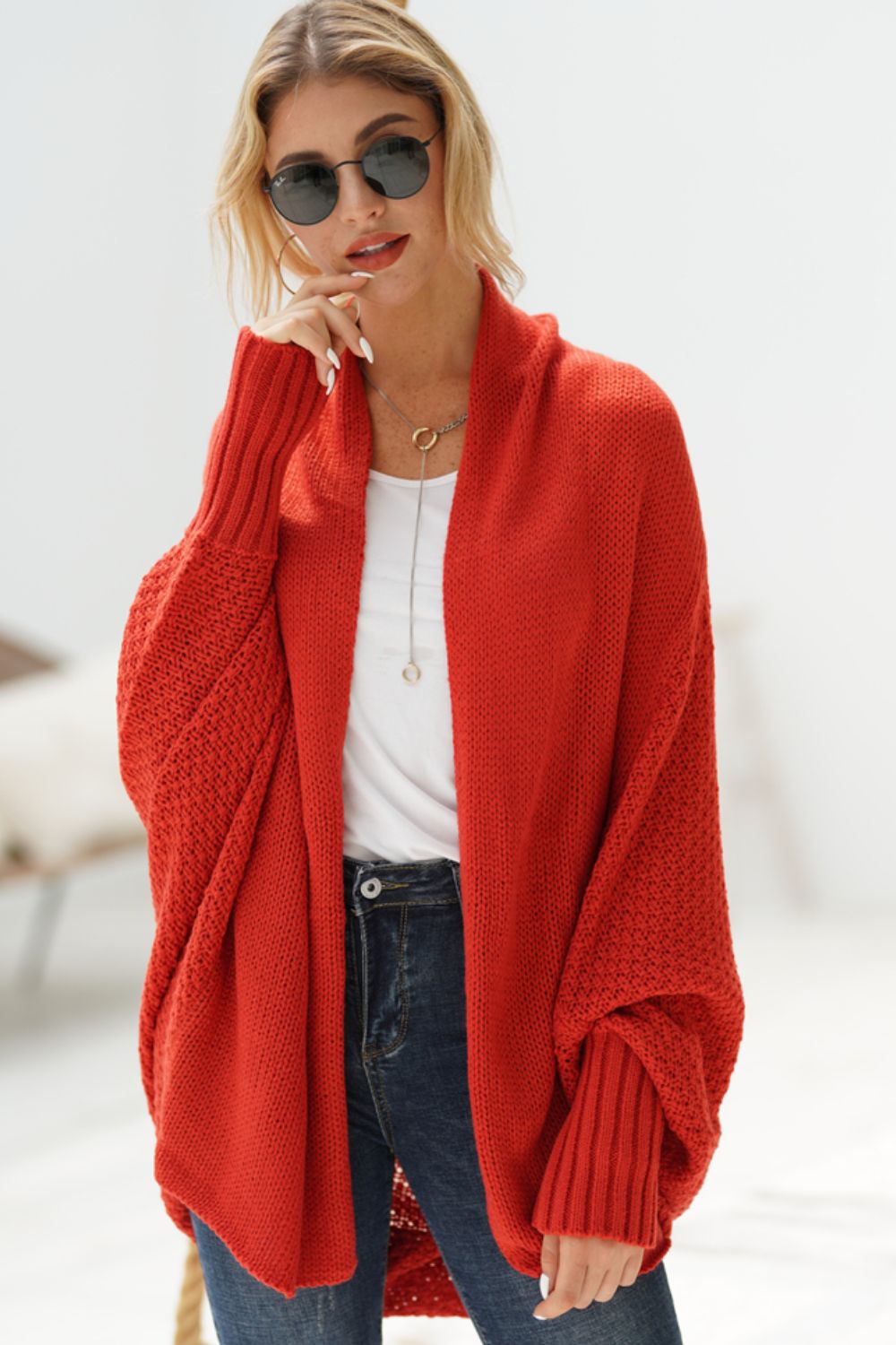 Dolman Sleeve Open Front Ribbed Trim Longline Cardigan