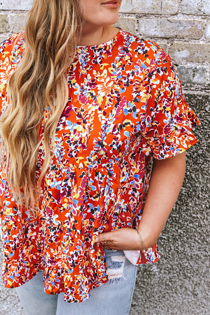 Orange Floral Printed Ruffle Sleeve Curvy Babydoll Blouse