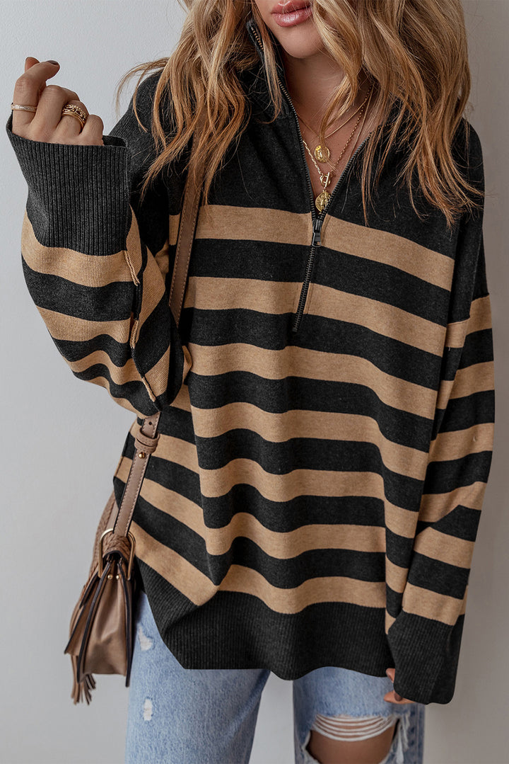 Black Stripe Collared Quarter Zipper Oversized Sweater