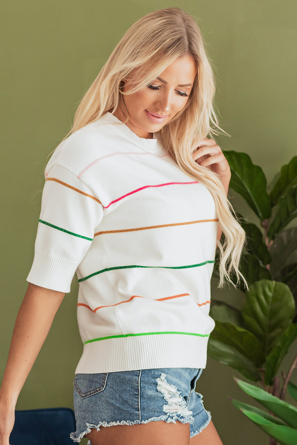 White Colorblock Striped Half Sleeve Drop Shoulder Sweater