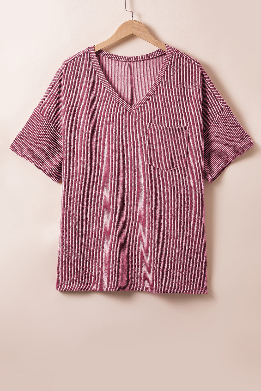 Rose Pink Textured V-Neck Dropped Shoulder Plus T-Shirt