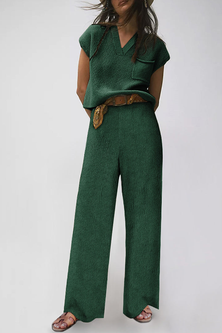 Green Knitted V Neck Sweater and Casual Pants Set