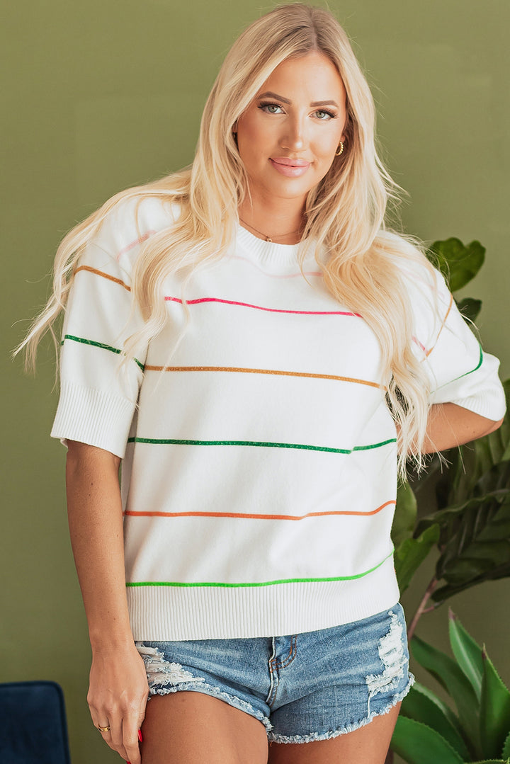 White Colorblock Striped Half Sleeve Drop Shoulder Sweater