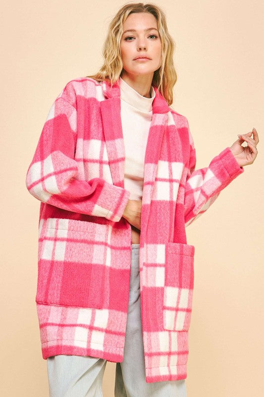 Davi & Dani Plaid Open Front Drop Shoulder Longline Coat