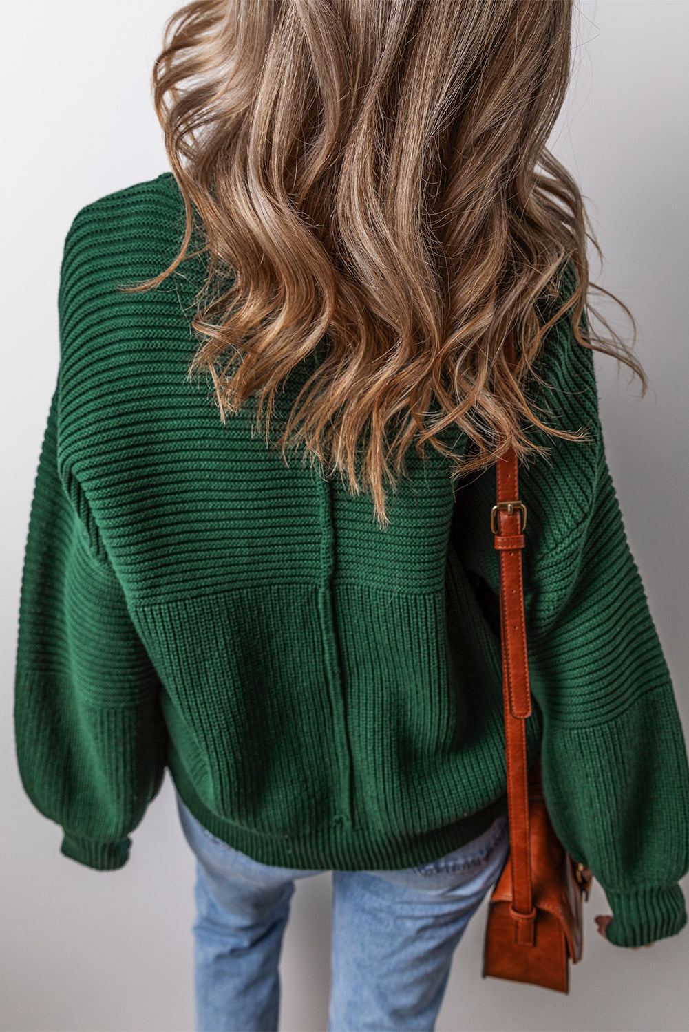 Blackish Green Textured Knit Crewneck Lantern Sleeve Sweater