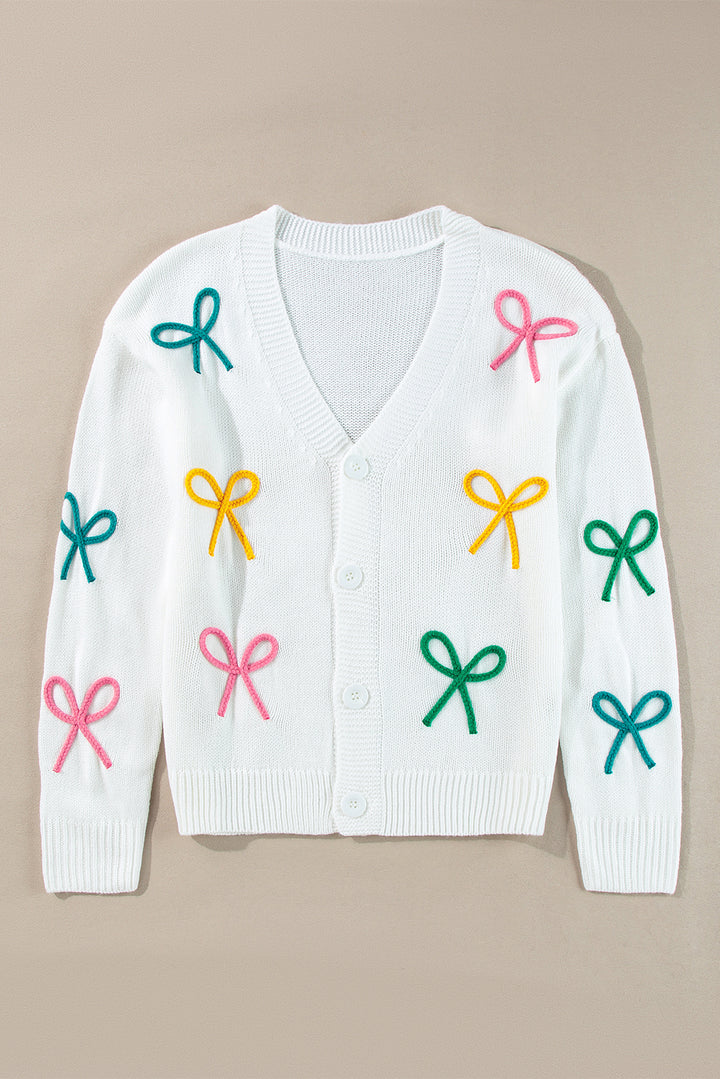 White Bowknot Drop Shoulder Knitted Button up Cardigan