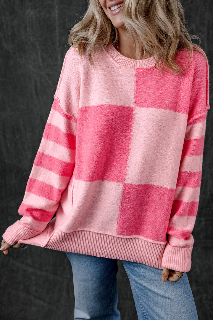 Pink Checkered Colorblock Striped High Low Loose Sweater