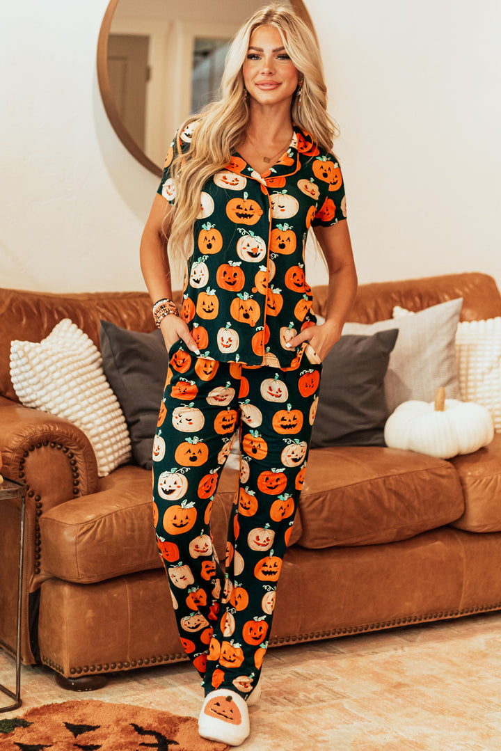 Orange Halloween Pattern Short Sleeve Shirt Pajama Set