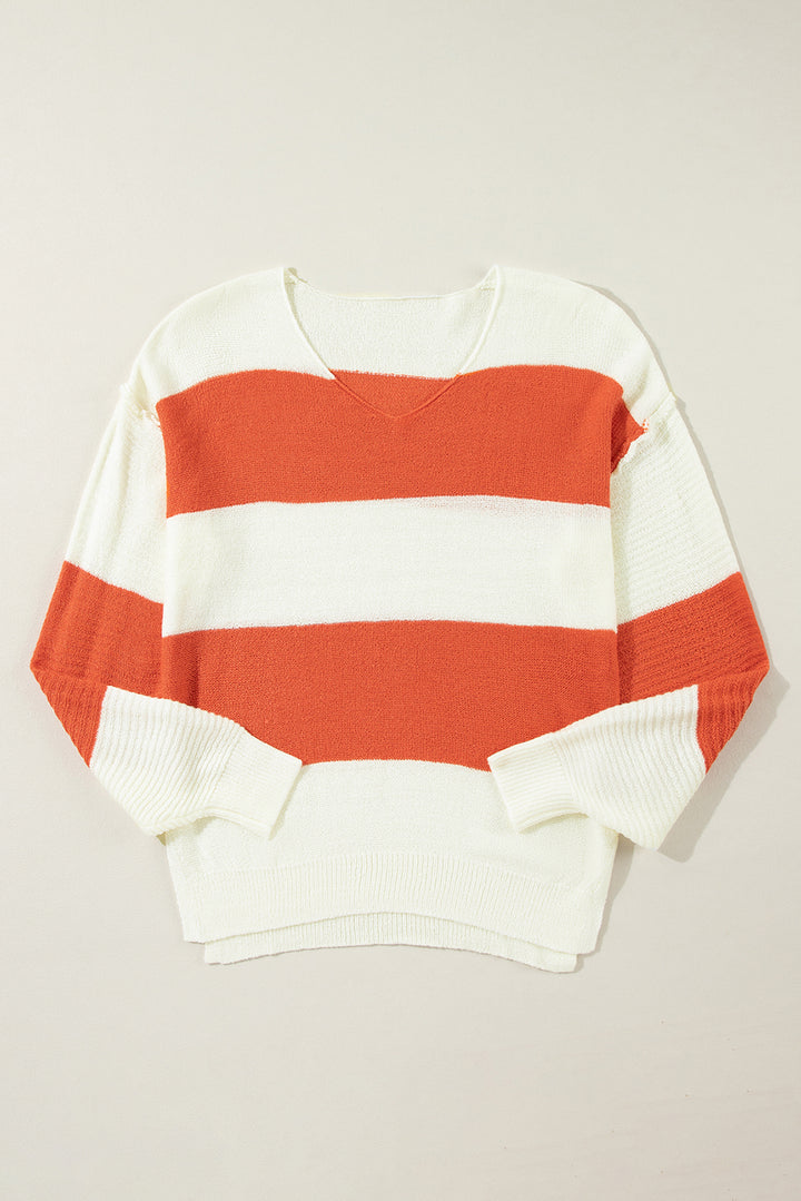 Orange Stripe Loose Color Block Drop Shoulder Bubble Sleeve Sweater