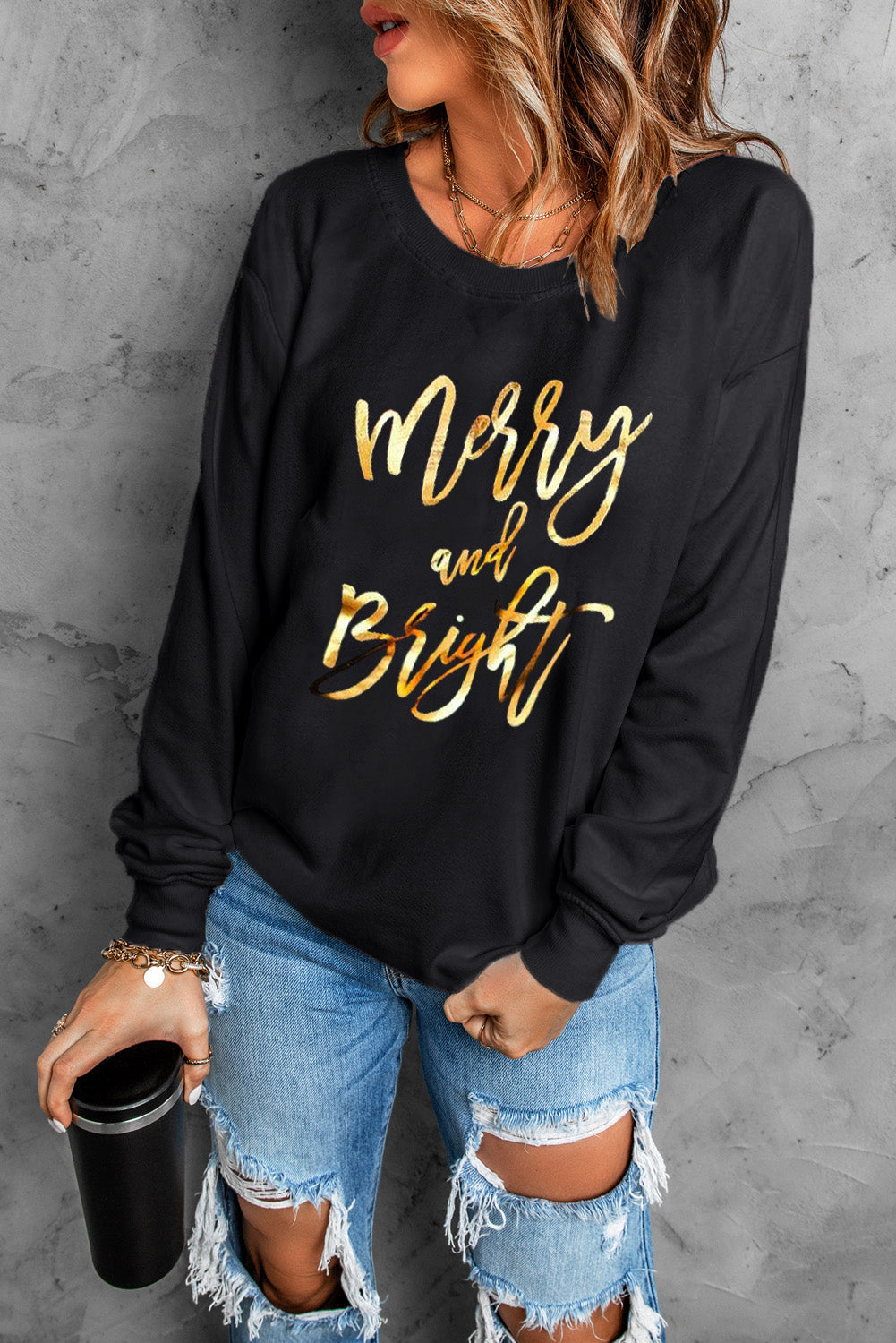 Black Merry & Bright Letter Print Pullover Sweatshirt