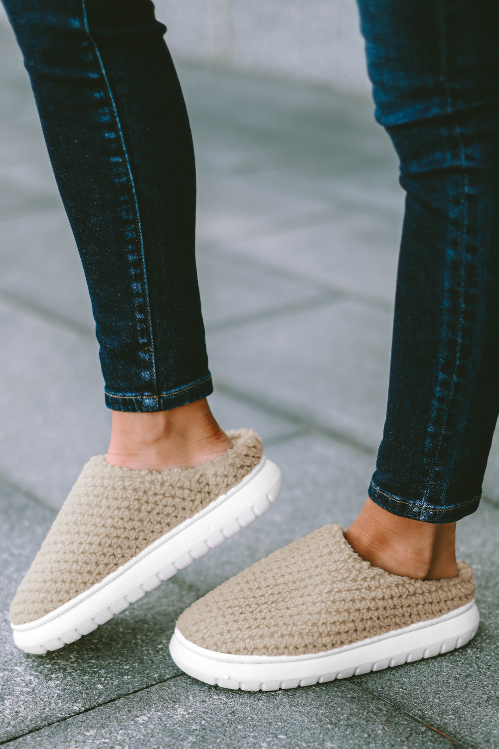 Pale Khaki Two-tone Knitted Warm Homewear Slippers