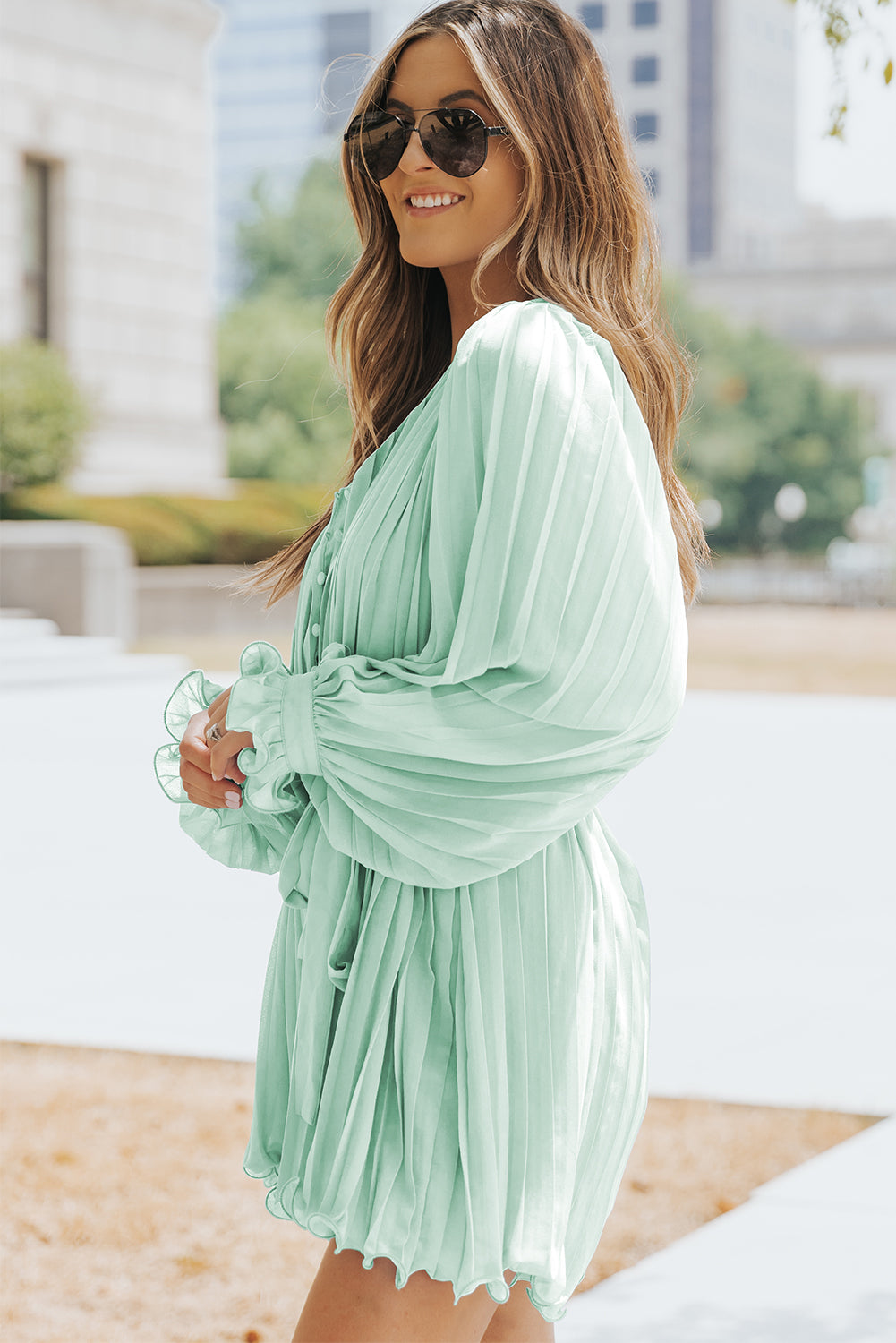 Green Pleated Ruffled Tie Waist Buttons V Neck Romper