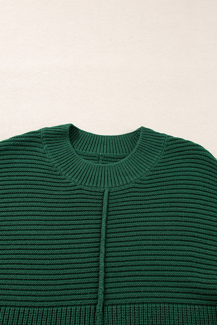 Blackish Green Textured Knit Crewneck Lantern Sleeve Sweater