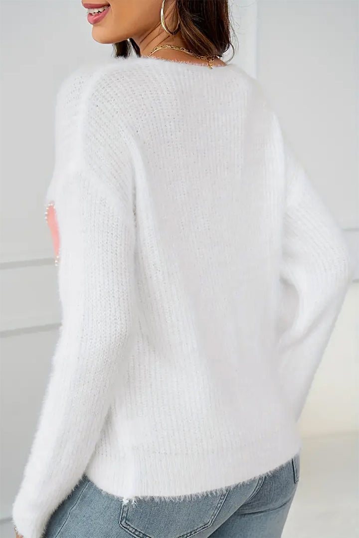 White Pearl Beaded Heart Pattern Fuzzy V Neck Sweater