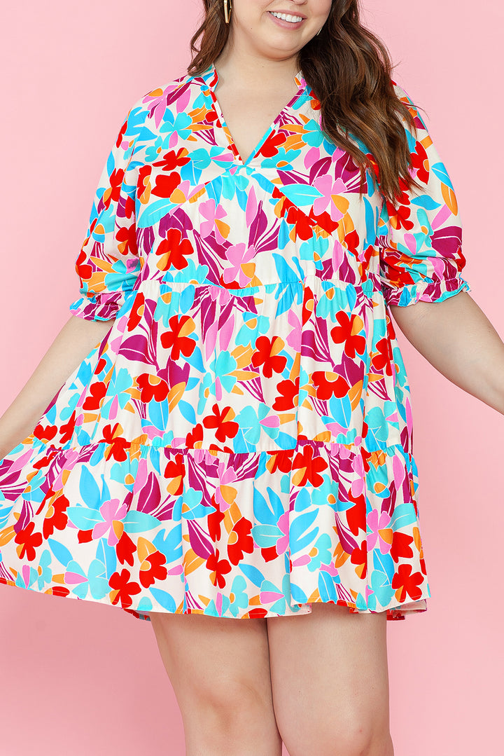 Multicolour Floral Tiered V Neck Plus Dress