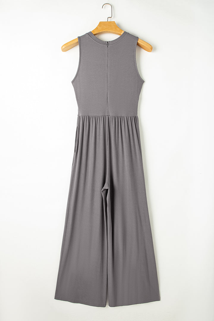 Medium Grey Cinched Waist Sleeveless Wide Leg Jumpsuit