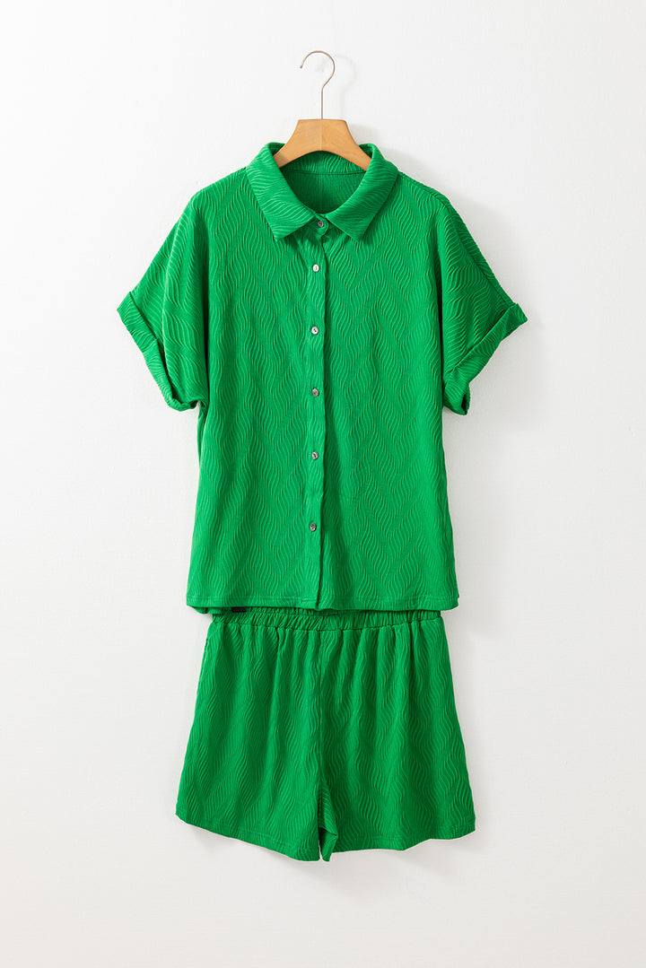 Bright Green Textured Short Sleeve Shirt and Shorts Set