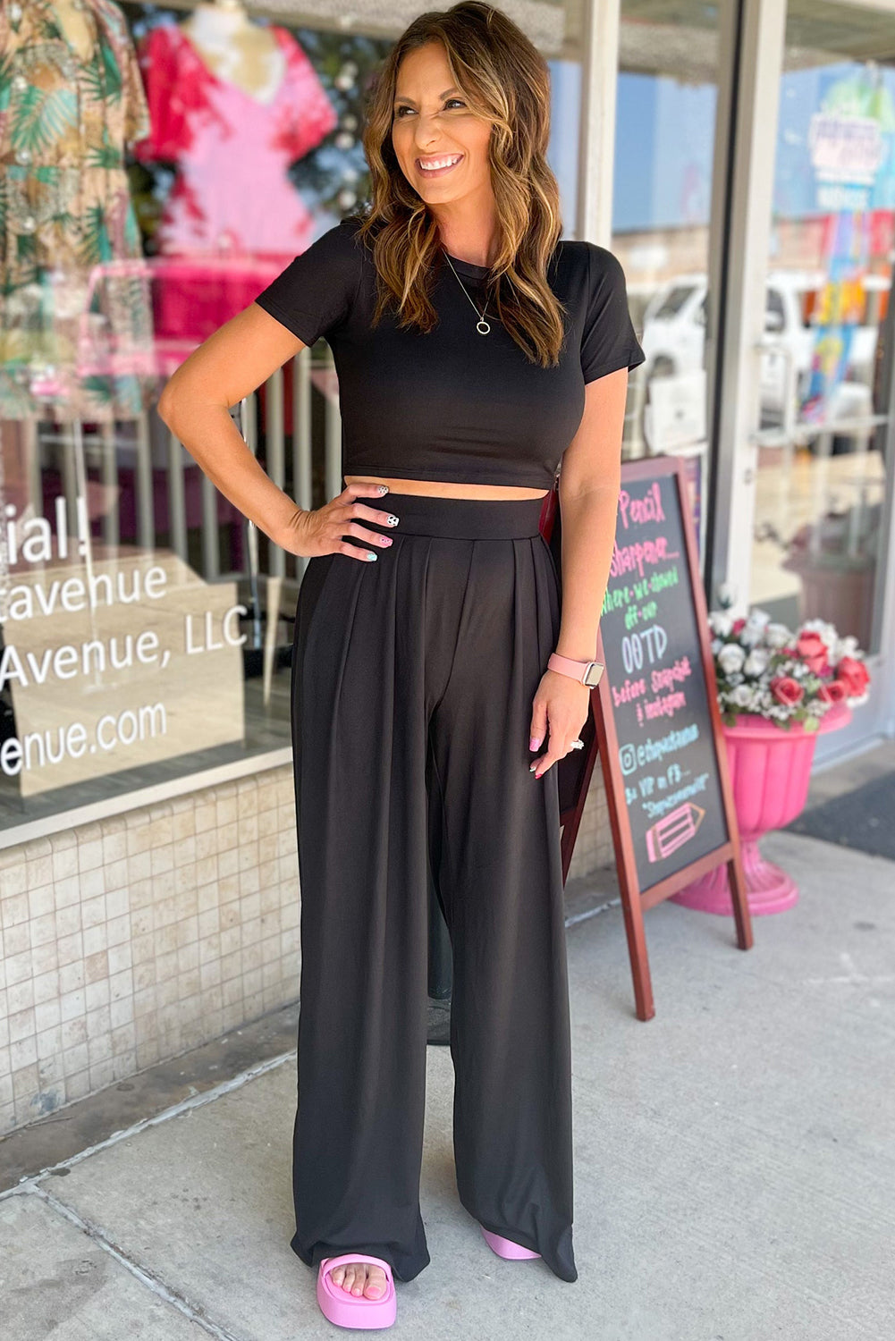 Black Slim Fit Crop Top and Pleated Wide Leg Pants Set